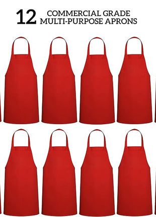 GREEN LIFESTYLE 12 Pack Bib Apron - Unisex Red Aprons, Machine Washable Aprons for Men and Women, Kitchen Cooking BBQ Aprons Bulk (Pack of 12, No Pockets, Red)