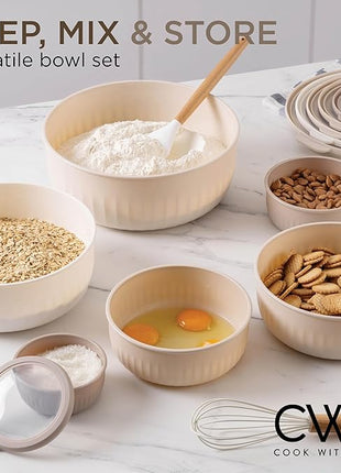 COOK WITH COLOR Prep Bowls with Lids- Wide and Deep Nesting Plastic Small Mixing Bowl Set with Lids, 12 Piece Set - Wide Bowls, Brown