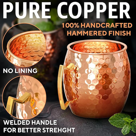 Benicci Moscow Mule Copper Mugs - Set of 4-100% HANDCRAFTED - Food Safe Pure Solid Copper Mugs - 16 oz Christmas Gift Set with Premium Quality Cocktail Straws and Jigger!