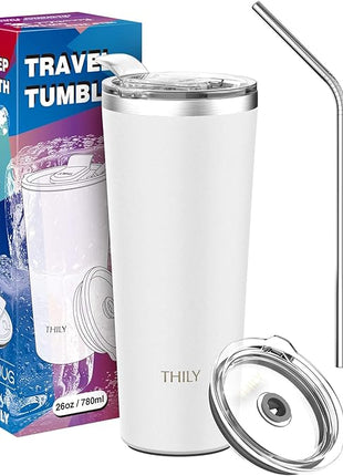 THILY Vacuum Insulated Tumbler Stainless Steel 26 oz Coffee Cup with 2 Lids and Straws, Powder Coated Travel Mug, Keeps Ice Drinks Cold, White