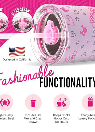Dragon Glassware x Barbie Vacuum Insulated Tumbler with Lid and Straw - 24 oz Tumbler Cup with 2 Straws - Stainless Steel Tumbler with Straw for Water, Iced Tea - Travel Coffee Tumbler - Love Out Loud