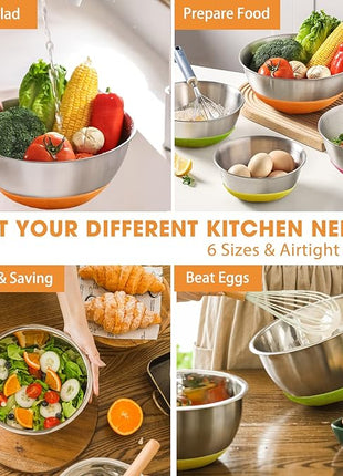 Umite Chef Mixing Bowls with Airtight Lids, 6 Piece Stainless Steel Metal Bowls, Measurement Marks & Colorful Non-Slip Bottoms Size 7, 3.5, 2.5, 2.0,1.5, 1QT, Great for Mixing & Serving