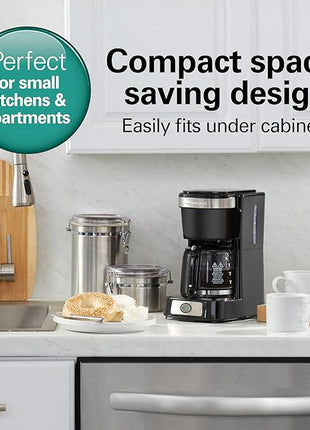 Hamilton Beach 5 Cup Drip Coffee Maker with Easy FrontFill Basket, Compact Design, Works with Smart Plugs, Glass Carafe, Auto Pause and Pour, Black & Stainless Steel (46112)