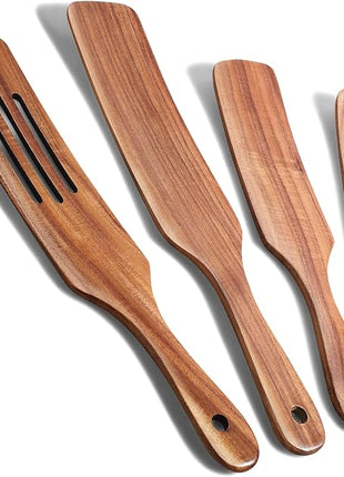 Spurtle Set, Natural Acacia Wooden Kitchen Utensils Set of 4, Wooden Spoons Utensils for Cooking, stirring, Mixing, Serving, spurtles kitchen tools as seen on tv for NonSick Cookware