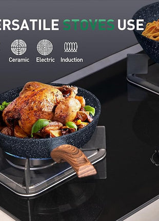 Kitchen Academy Pots and Pans Set Non Stick - 12 Piece Induction Kitchen Cookware Sets, Blue Granite Nonstick Cooking Pans Set