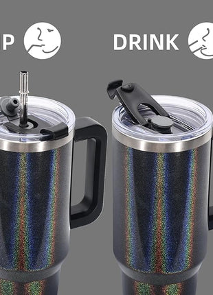 30 oz Shiny Tumbler with Handle and Straw,Stainless Steel Tumbler with Lid and Straw,Insulated Travel Mug(Cold for 34 Hours),Water Bottle for Iced Tea,Coffee (Black)