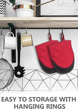 Qulable 1 Pair Short Oven Mitts - Silicone Kitchen Oven Gloves High Heat Resistant 500℉, Mini Oven Mits with Non-Slip Grip Surfaces and Hanging Loop for BBQ, Baking, Cooking and Grilling (Red)