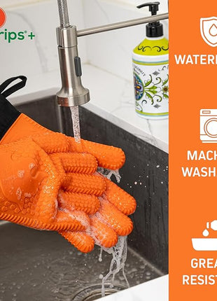 Ekogrips+ Premium Silicone Oven Mitts - Comfy, Waterproof, Heat Resistant BBQ Gloves for Grilling, Long Cuff for Added Protection, 5 Finger Dexterity, 3 Sizes, 4 Colors, S/M, Black