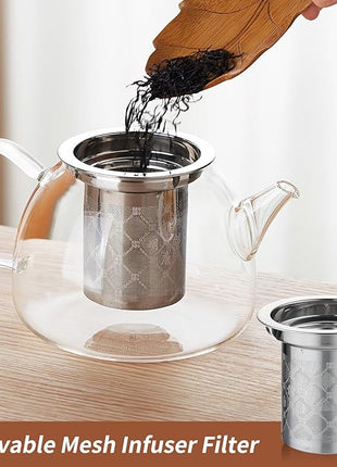 34OZ/1000ml Glass Teapot with Stainless Steel Infuser, Drip-Free Spout, and Wooden Knob Lid – Stovetop Safe Borosilicate Tea Kettle for Loose Leaf and Herbal Tea Brewing