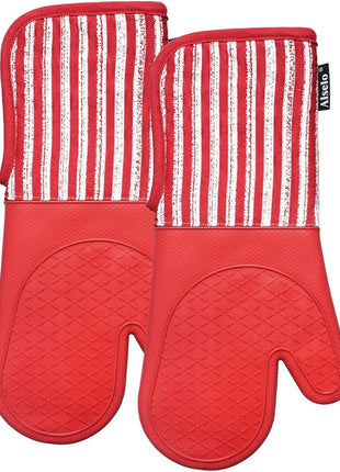 Silicone Oven Mitts Heat Resistant 932℉ with Waterproof & Non-Slip Kitchen Mittens, Set of 2 Extra Long Oven Gloves with Soft Cotton Terry Lining for Baking Cooking Barbecue (2, Red Mitts)