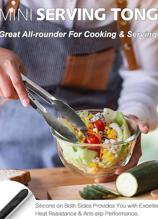 Anaeat 3 Pack 7" Mini Stainless Steel Cooking Tongs - Sturdy Coiled Spring Locking Kitchen Food Tong with Non-Slip Silicone Grip for Serving, Cooking, Baking - Heat Resistant up to 480°F (Black)