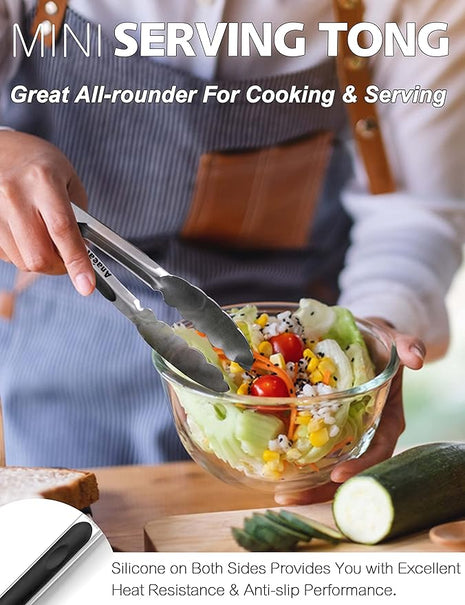 Anaeat 7" Mini Cooking Tong Stainless Steel - Sturdy Coiled Spring Locking Kitchen Food Tong with Non-Slip Silicone Grip for Serving, Cooking, Baking - Heat Resistant up to 480°F (Black)