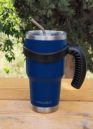 CHILLOUT LIFE Stainless Steel Travel Mug with Handle 30 oz – 6 Piece Set. Tumbler with Handle, Straw, Cleaning Brush & 2 Lids. Double Wall Insulated Large Coffee Mug Bundle (Navy Blue)