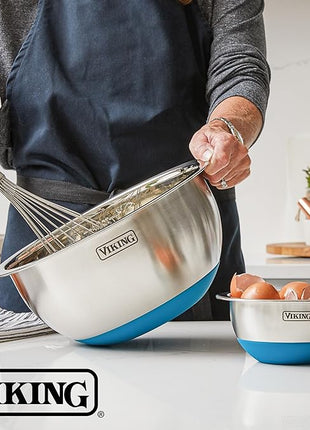 Viking Mixing Bowls Set, 10 Piece Stainless Steel Kitchen Cookware, Non-Slip Silicone Base, Includes Tight Fit Lids, Dishwasher Safe, Teal