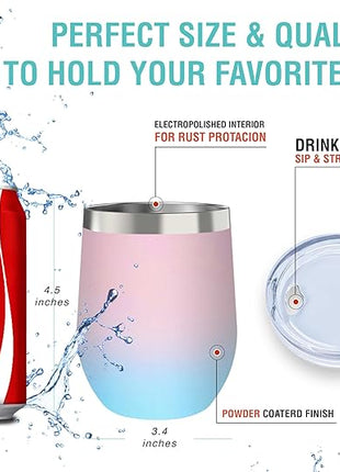 CHILLOUT LIFE 12 oz Stainless Steel Wine Tumbler with Lid - Double Wall Vacuum Insulated Wine Cup Glass Keeping Cold & Hot for Coffee, Champagne, Cocktails, Ice Cream - Powder Coated Pink/Teal
