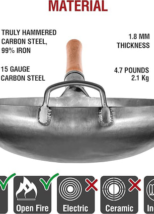 YOSUKATA 14” Round Bottom Carbon Steel Woks and Stir Fry Pans – Unseasoned Pow Wok for Stir Fry, BBQ & Camping – Hand-Hammered Traditional Japanese and Chinese Pan – Gas Stove, Open Fire Only