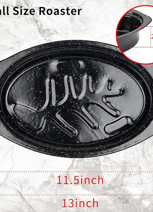 JY COOKMENT Granite Roaster Pan, Small 13” Enameled Roasting Pan with Domed Lid. Oval Turkey Roaster Pot, Broiler Pan Great for Small Chicken, Lamb. Dishwasher Safe Cookware Fit for 7Lb Bird