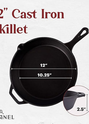 Cuisinel Cast Iron Skillet - 12"-Inch Frying Pan with Assist Handle + Red Silicone Grip Cover - Pre-Seasoned Oven Safe Cookware - Indoor/Outdoor Use - Grill, Stovetop, Induction, BBQ and Firepit Safe