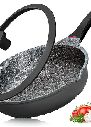 Vinchef Nonstick Skillet with Lid, 12.5In Aluminum Deep Frying/Saute Pan with Lid and Heat Indicator, Anti Scratch and Anti Stain, Induction Compatible