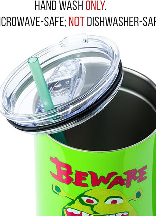 Silver Buffalo Shrek Beware Ogre Stainless Steel Tumbler with Handle and Straw, Fits in Standard Cup Holder, 40 Ounces