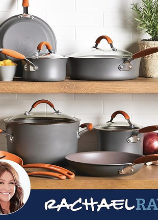 Rachael Ray Cucina Dishwasher Safe Hard Anodized Nonstick Cookware Pots and Pans Set, 12 Piece, Gray with Orange Handles
