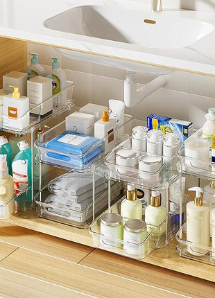 Delamu 2-Tier Under Sink Organizers and Storage, Multi-Purpose Stackable Bathroom Cabinet Organizers, Pull Out Kitchen Pantry Organization and Storage with Dividers(4 Pack, Clear)