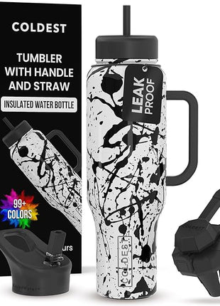 Coldest Tumbler with Handle and Straw - 100% Leak Proof Insulated Tumbler with Lid and Straw (3 Lids) - Stainless Steel Tumblers for Women & Men - Cup Holder Friendly Base, 46 oz (Dark Matter)