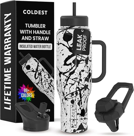 Coldest Tumbler with Handle and Straw - 100% Leak Proof Insulated Tumbler with Lid and Straw (3 Lids) - Stainless Steel Tumblers for Women & Men - Cup Holder Friendly Base, 46 oz (Dark Matter)