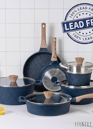 Country Kitchen Non-Stick Cast Aluminum Cookware Set - Durable Kitchen Cookware for Everyday Cooking, Navy, 11 Pc.