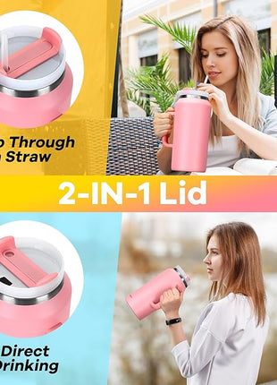 TaroKitc 64 oz Tumbler with Handle and Straw, Double Wall Stainless Steel Insulated Tumbler Mug, Large Coffee Travel Water Bottle, Keeps Cold for 34 Hours - Cream