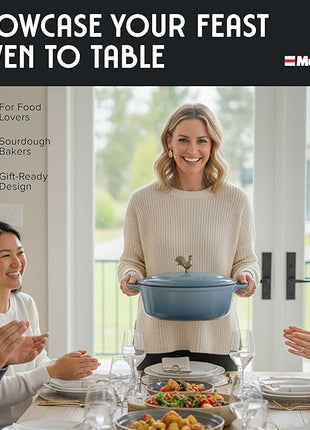 MUELLER HOME 5.5 Quart Enameled Cast Iron Oval Dutch Oven w Rooster Knob & Cotton Potholders, Heavy-Duty Cookware, Oven-Safe up to 500° F & Across All Cooktops, Gifts for Grandma & Women, Mineral Blue