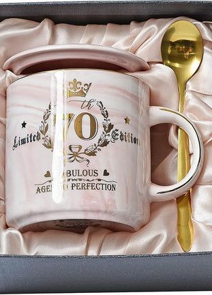 70th Birthday Gifts for Women - Aged to Perfection Coffee Mug - Unique Birthday Present for Grandma Mum Wife Girl Friend Sister - Pink Marble Mug for Coffee Lovers 14Oz Tea Cup Gift Boxed