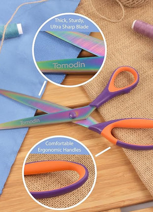 BambooMN Titanium Softgrip Scissors Set for Sewing, Arts, Crafts, Office - Purple w/Orange - 1 Set of 3