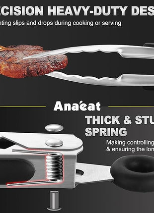 Anaeat Stainless Steel Locking Tong Set of 3 - Premium 7, 9 and 12 inch Kitchen Food Tongs with Non-Slip Silicone Tips and Grip for Serving, Cooking, Baking and BBQ - Heavy Duty & Heat Resistant