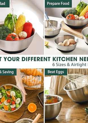 Umite Chef Mixing Bowls with Airtight Lids，6 piece Stainless Steel Metal Nesting Storage Bowls, Non-Slip Bottoms Size 7, 3.5, 2.5, 2.0,1.5, 1QT, Great for Mixing & Serving(Black)