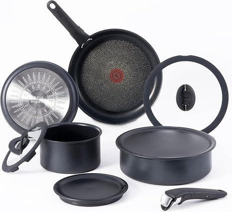 T-fal Ingenio Expertise Non Stick Cookware Set 10 Piece, Induction, Oven Broiler Safe 500F, Stackable Cookware, Pots and Pans Set, RV, Camping, Frying Pans, Dishwasher Safe, Detachable Handle,Black