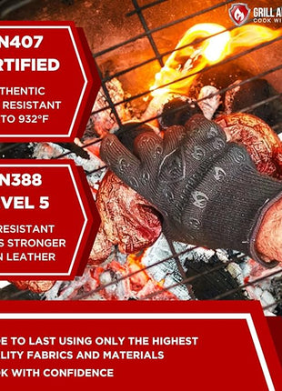 Oven Gloves with Fingers - 932°F Extreme Heat Proof and Cut Resistant Mitts for Kitchen, BBQ, Grill, Baking, Fire Pit - EN407 Certified with Non-Slip Silicone Grip and Cotton Lined for Comfort