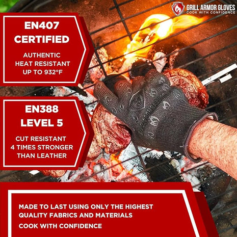 Oven Gloves with Fingers - 932°F Extreme Heat Proof and Cut Resistant Mitts for Kitchen, BBQ, Grill, Baking, Fire Pit - EN407 Certified with Non-Slip Silicone Grip and Cotton Lined for Comfort