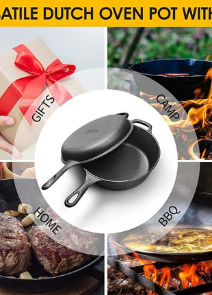 2-in-1 Pre-Seasoned Cast Iron Dutch Oven Pot with Skillet Lid Set, 10" Skillet 3QT Pot for Cooking, Baking, Frying and Camping