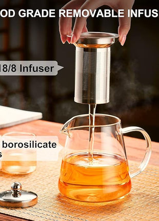 PARACITY Glass Teapot Stovetop 32 OZ, Borosilicate Clear Tea Kettle with Removable 18/8 Stainless Steel Infuser, Teapot Blooming and Loose Leaf Tea Maker Tea Brewer for Camping, Travel (950ML)