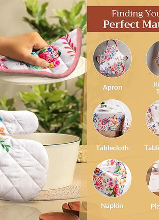 Maison d' Hermine Pot Holders 100% Cotton Heat Resistant Potholders 8" x 8" Hot Pads with Loop BBQ, Cooking, Grilling, Kitchen, Handling Hot Pans Spring/Summer (Pack of 1, Happy Florals - High Summer)