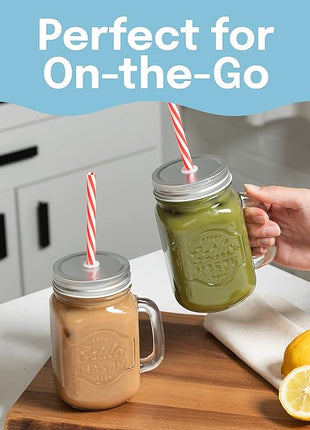 Estilo Glass Mason Jars with Handles, Lid and Straw 16 oz | Drinking Glasses Cups Mug Set for Iced Coffee, Tea & Smoothie - Set of 6