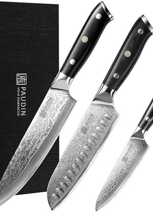 PAUDIN Damascus Knife Set 3 PCS, Japanese VG10 Steel Core, Ultra Sharp Chef Knife Set, Full Tang G10 Handle, Damascus Kitchen Knives