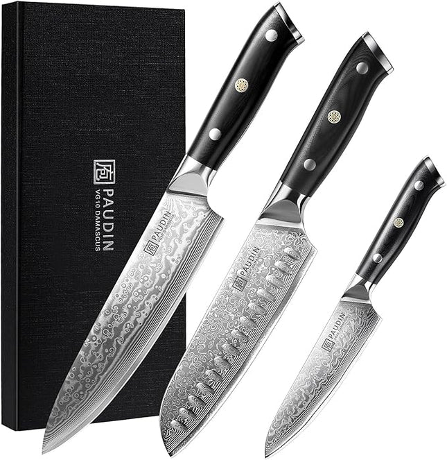 PAUDIN Damascus Knife Set 3 PCS, Japanese VG10 Steel Core, Ultra Sharp Chef Knife Set, Full Tang G10 Handle, Damascus Kitchen Knives