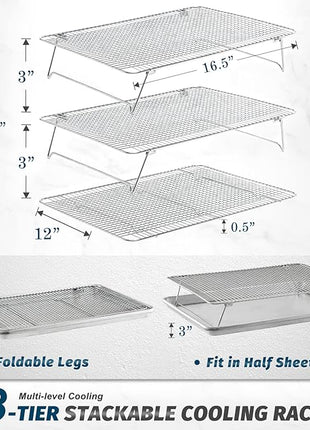 Stainless Steel Stackable Cooling Rack for Baking, 3 Tier 12”x 16.5”,Oven & Dishwasher Salf and Fit Half Sheet,Wire Cooling Racks for Cookie, Pizza, Cake