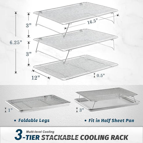 Stainless Steel Stackable Cooling Rack for Baking, 3 Tier 12”x 16.5”,Oven & Dishwasher Salf and Fit Half Sheet,Wire Cooling Racks for Cookie, Pizza, Cake
