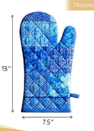 Maison d' Hermine Oven Gloves 100% Cotton Oven Mitt 7" x 13" with Loop Heat Resistant, BBQ, Cooking Gloves, Baking, Grilling, Kitchen, Handling Hot Pans Spring/Summer (Pack of 1, Indigo Love)