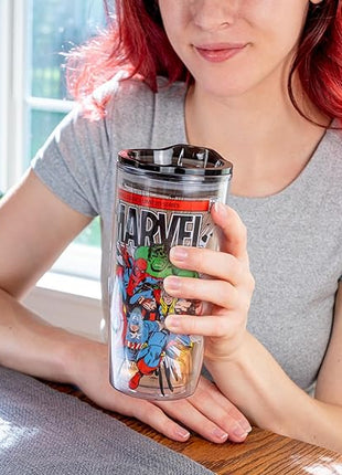 Silver Buffalo Marvel Avengers Featuring Spider-Man, Captain America, Thor, Hulk, and Iron Man Double Wall Travel Tumbler with Slide Close Lid, 20 Ounces