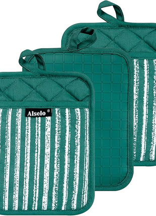Silicone Pot Holders Set of 3 Heat Resistant & Non Slip Potholders, Professional Oven Hot Pads with Pockets Mitts for Kitchen Cooking Baking Barbecue (Emerald Green, 3)