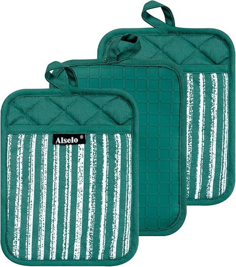 Silicone Pot Holders Set of 3 Heat Resistant & Non Slip Potholders, Professional Oven Hot Pads with Pockets Mitts for Kitchen Cooking Baking Barbecue (Emerald Green, 3)
